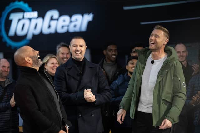 Chris Harris, Paddy McGuinness and Freddie Flintoff on the set of Top Gear. Credit: BBC
