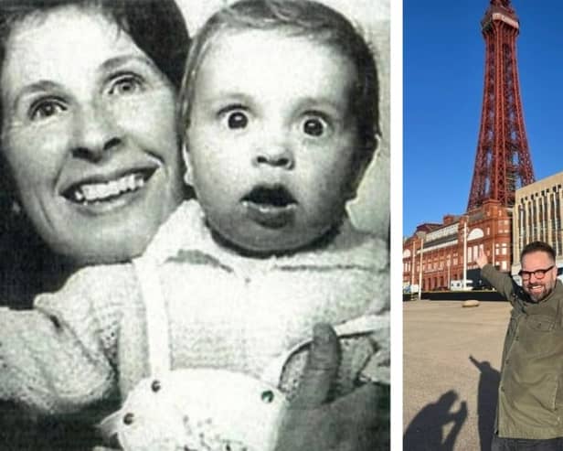 L: Alfie Boe as a baby with his mother. R: A present day photo of him in Blackpool.